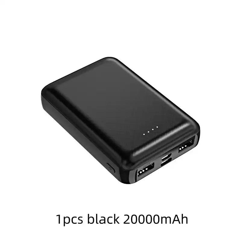 Black 20000mAh portable power bank with dual USB ports